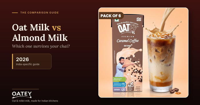 Oat milk vs almond milk comparison banner, Oatey