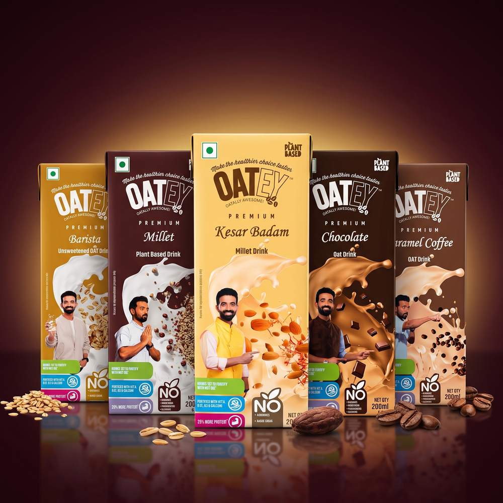 Oatey ALL in ONE Pack showing five flavours side by side: Barista, Millet, Kesar Badam, Chocolate and Caramel Coffee oat and millet milk cartons