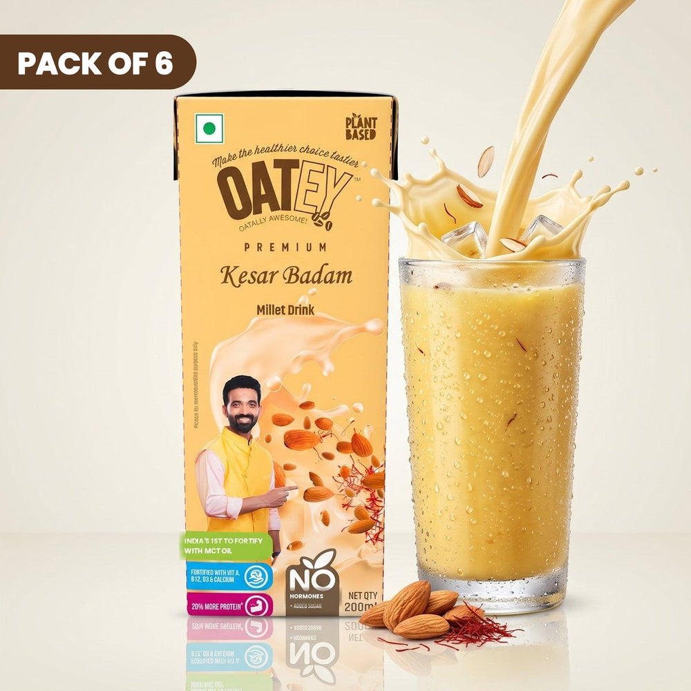 Oatey Premium Kesar Badam Millet Milk pack of 6 x 200 ml (1.2 L) – saffron almond millet milk, no added sugar