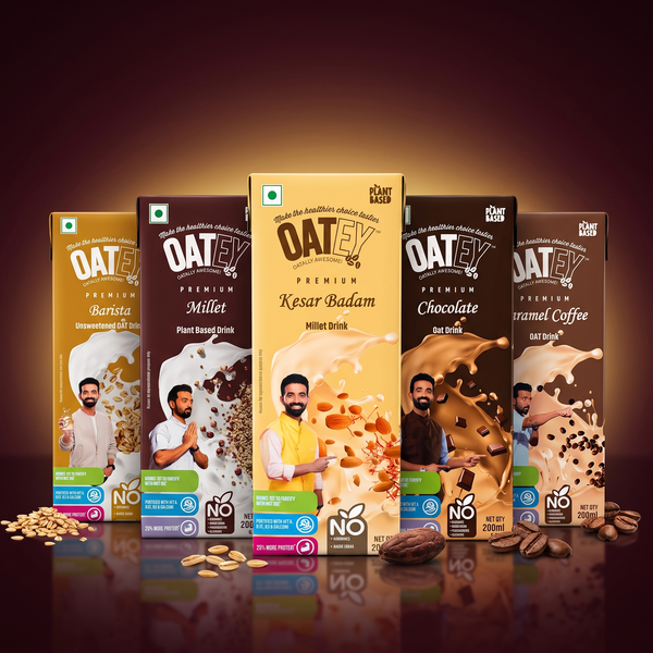 Oatey ALL in ONE Pack showing five flavours side by side: Barista, Millet, Kesar Badam, Chocolate and Caramel Coffee oat and millet milk cartons