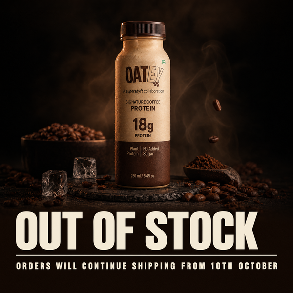 Oatey Signature Coffee Protein 250 ml bottle with 18g plant protein, shown with coffee beans – restock notice